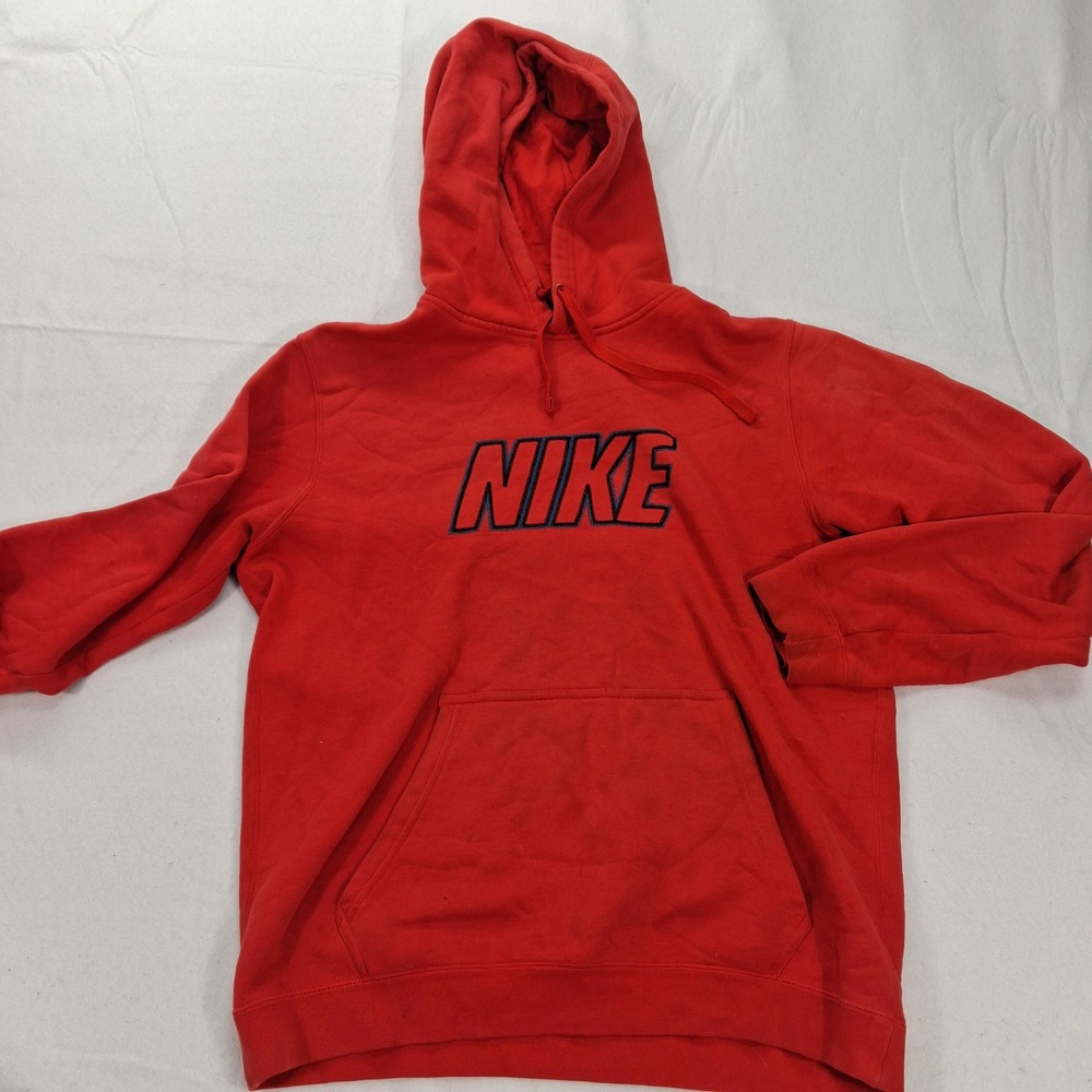 Nike Hoodie Mens Medium Red Embroidered Logo Pullover Fleece Pocket Hooded
